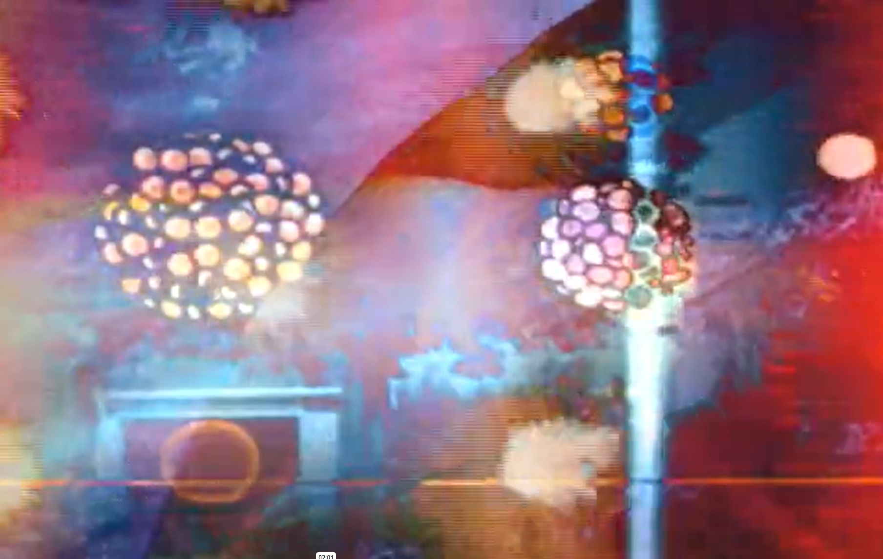 Abstract digital art with two textured spheres, one yellow and one purple, against a vibrant red, blue, and orange background